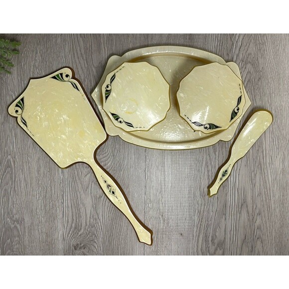 VTG Pyralin Celluloid Pearlized Vanity Set Tray Mirror Shoe Horn Powder Boxes - Picture 2 of 16